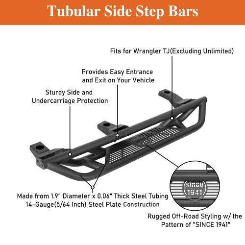 Hooke Road Tubular Side Step Bars for Jeep Wrangler TJ 1997-2006, Excluding Unlimited b1036 11