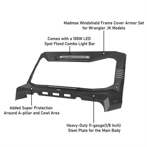 Jeep Wrangler JK Madmax Windshield Frame Cover Visor/Cowl 4x4 Jeep Parts - Hooke Road b2090s 15