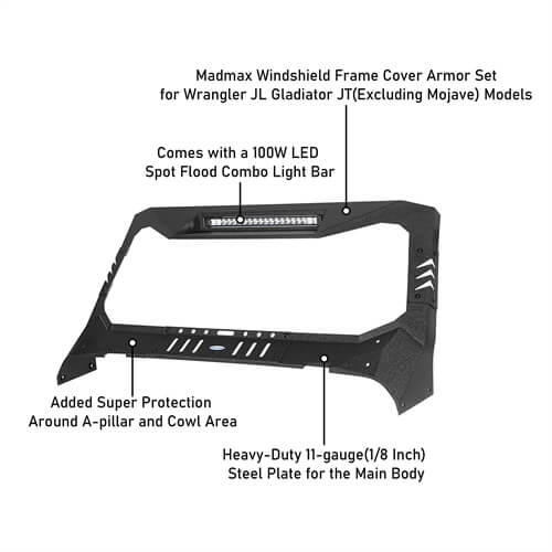 Jeep Wrangler JL & Gladiator JT Madmax Windshield Frame Cover Visor/Cowl 4x4 Jeep Parts - Hooke Road b3058s 14