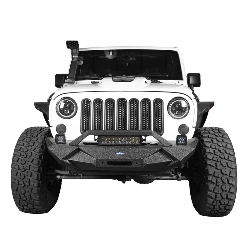 Load image into Gallery viewer, Hooke Road Blade Stubby Front Bumper w/ 60W Work Light Bar &amp; Different Trail Rear Bumper w/Tire Carrier Combo(07-18 Jeep Wrangler JK JKU)
