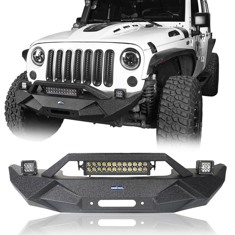 Load image into Gallery viewer, Hooke Road Blade Stubby Front Bumper w/ 60W Work Light Bar &amp; Different Trail Rear Bumper w/Tire Carrier Combo(07-18 Jeep Wrangler JK JKU)
