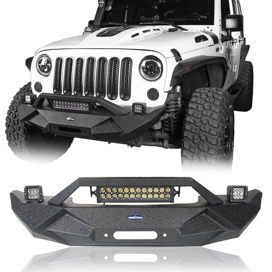 Hooke Road Blade Stubby Front Bumper w/ 60W Work Light Bar & Different Trail Rear Bumper w/Tire Carrier Combo(07-18 Jeep Wrangler JK JKU)