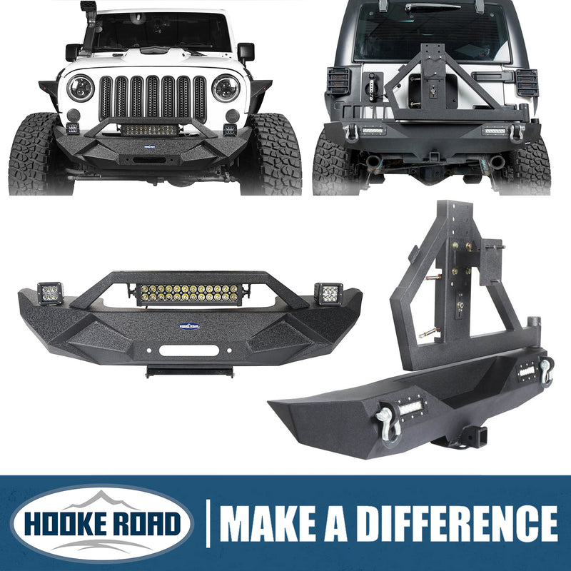 Load image into Gallery viewer, Hooke Road Blade Stubby Front Bumper w/ 60W Work Light Bar &amp; Different Trail Rear Bumper w/Tire Carrier Combo(07-18 Jeep Wrangler JK JKU)
