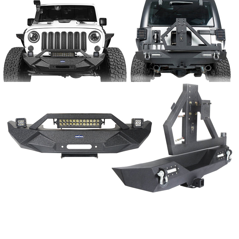 Load image into Gallery viewer, Hooke Road Blade Stubby Front Bumper w/ 60W Work Light Bar &amp; Different Trail Rear Bumper w/Tire Carrier Combo(07-18 Jeep Wrangler JK JKU)
