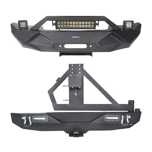 Hooke Road Blade Stubby Front Bumper w/ 60W Work Light Bar & Different Trail Rear Bumper w/Tire Carrier Combo(07-18 Jeep Wrangler JK JKU)