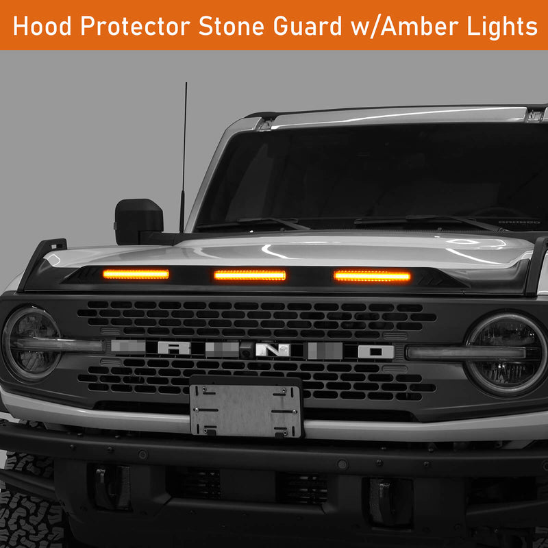 Load image into Gallery viewer, Ford Bronco Hood Protector Bug Shield Deflector Front Stone Guard w/ Amber Lights ft20016 6
