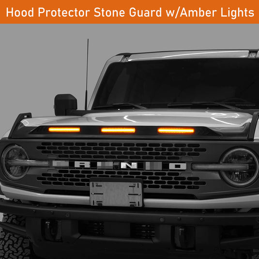 Ford Bronco Hood Protector Bug Shield Deflector Front Stone Guard w/ Amber Lights ft20016 6