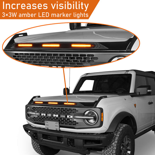 Ford Bronco Hood Protector Bug Shield Deflector Front Stone Guard w/ Amber Lights ft20016 7