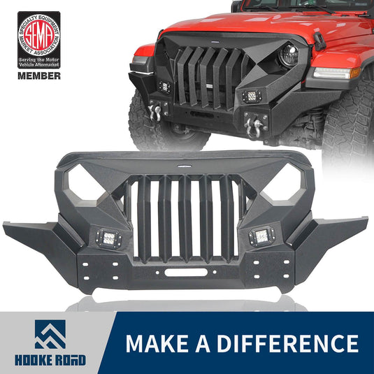 Hooke Road Mad Max Front Bumper Grill w/Wings & LED Lights(18-24 Jeep Wrangler JL & Jeep Gladiator JT)