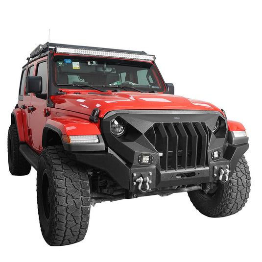 Hooke Road Mad Max Front Bumper Grill w/Wings & LED Lights(18-24 Jeep Wrangler JL & Jeep Gladiator JT)