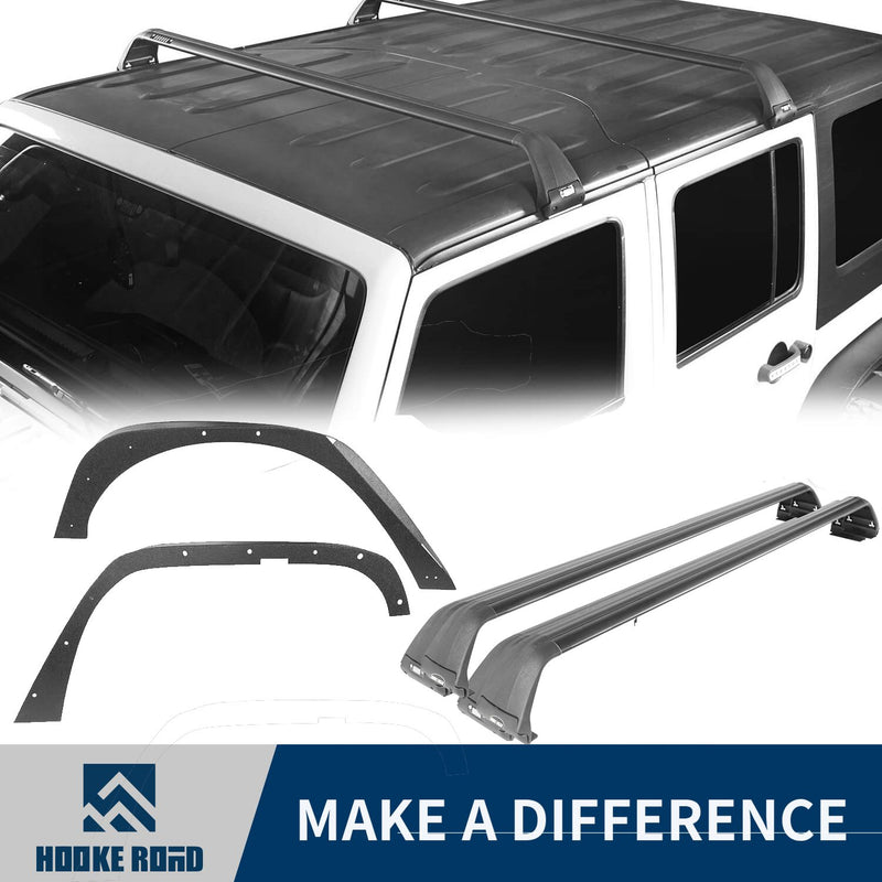 Load image into Gallery viewer, Hooke Road Flat Fender Flares &amp; Black Cross Bars Roof Rack(07-18 Jeep Wrangler JK)
