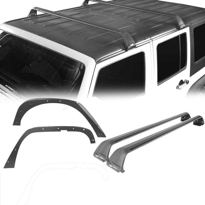 Load image into Gallery viewer, Hooke Road Flat Fender Flares &amp; Black Cross Bars Roof Rack(07-18 Jeep Wrangler JK)
