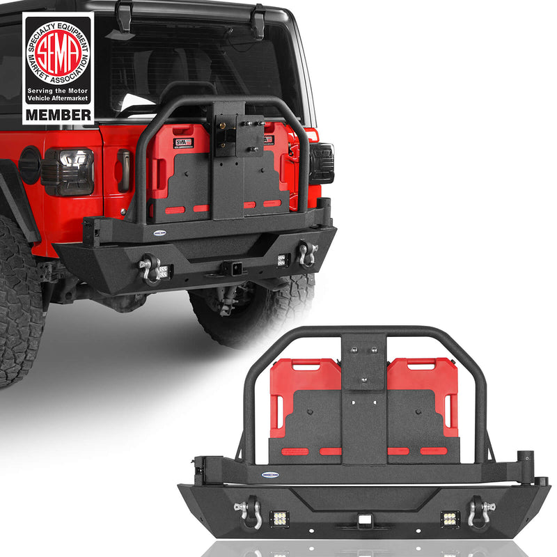 Load image into Gallery viewer, 18-23 Jeep Wrangler JL Aftermarket Rear Bumper w/ 2 Gasoline Fuel Cans &amp; Tire Carrier - Hooke Road b3041s 2
