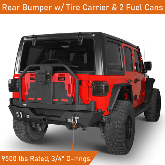 18-23 Jeep Wrangler JL Aftermarket Rear Bumper w/ 2 Gasoline Fuel Cans & Tire Carrier - Hooke Road b3041s 3