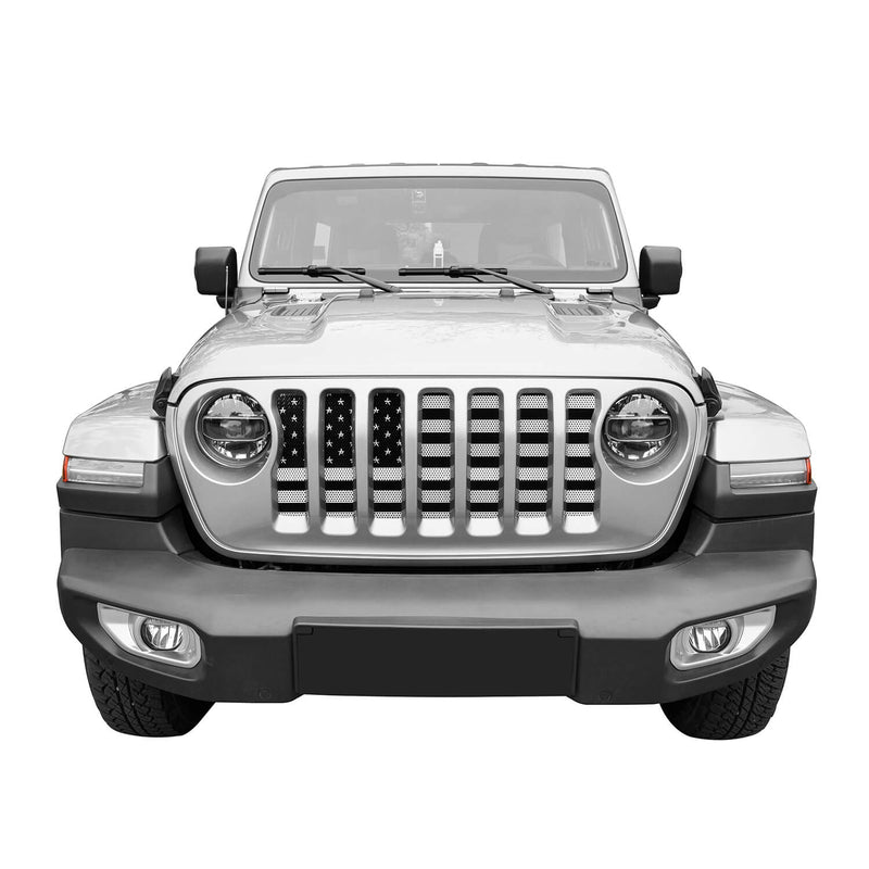 Load image into Gallery viewer, Jeep Wrangler JL &amp; Gladiator JT Front US American Flag Grille Insert Paws Black and White mmr30177 3
