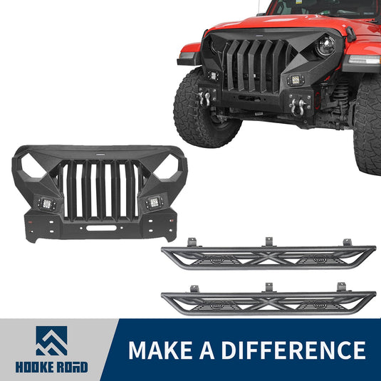 Hooke Road Full Width Front Bumper with Mad Max Grill & Side Steps(18-24 Jeep Wrangler JL 4 Door)