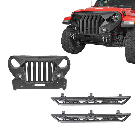 Hooke Road Full Width Front Bumper with Mad Max Grill & Side Steps(18-24 Jeep Wrangler JL 4 Door)