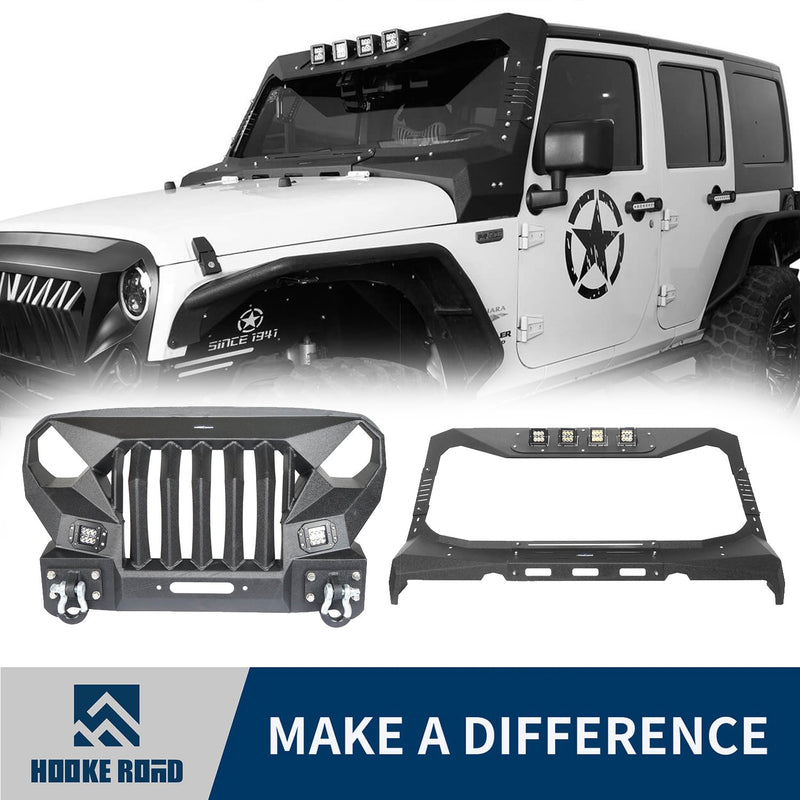 Load image into Gallery viewer, Hooke Road Mad Max Front Bumper w/Steel Grille Guard &amp; Windshield Frame Cover(07-18 Jeep Wrangler JK)
