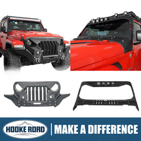 Hooke Road Mad Max Front Bumper w/Wings & Windshield Frame Cover(18-23 Jeep Wrangler JL & Gladiator JT(Excluding Mojave))