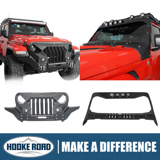 Hooke Road Mad Max Front Bumper w/Wings & Windshield Frame Cover(18-24 Jeep Wrangler JL & Gladiator JT(Excluding Mojave))