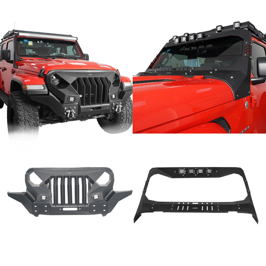 Hooke Road Mad Max Front Bumper w/Wings & Windshield Frame Cover(18-24 Jeep Wrangler JL & Gladiator JT(Excluding Mojave))