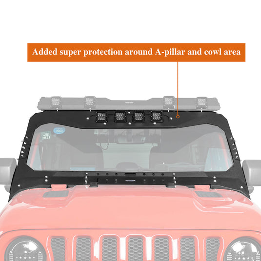 Jeep JL Mad Max Windshield Frame Cover Amor Set Windshield Frame Cover Visor Cowl w/ 4 LED Lights Insert for2018-2021 Jeep Wrangler JL BXG3024 13